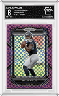 Malik Willis from the 2022 Panini Prizm set featuring a Purple Power parallel graded by Arena Club and given an overall grade of 8.