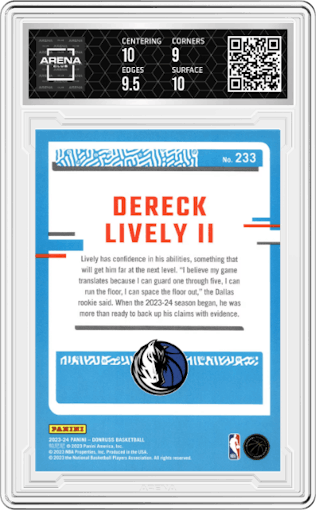 Dereck Lively II from the 2023-24 Panini Donruss set featuring a Choice Blue parallel graded by Arena Club and given an overall grade of 9.5.