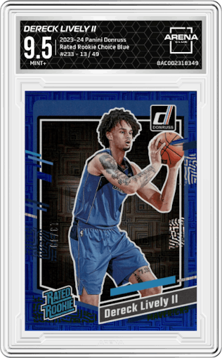 Dereck Lively II from the 2023-24 Panini Donruss set featuring a Choice Blue parallel graded by Arena Club and given an overall grade of 9.5.