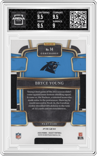 Bryce Young from the 2023 Panini Select set featuring a Die-Cut Zebra Prizm parallel graded by Arena Club and given an overall grade of 9.5.