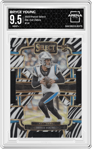 Bryce Young from the 2023 Panini Select set featuring a Die-Cut Zebra Prizm parallel graded by Arena Club and given an overall grade of 9.5.