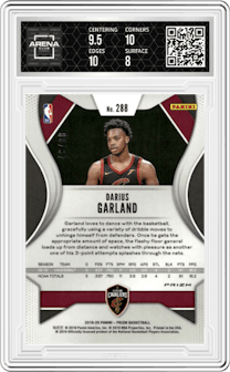 Darius Garland from the 2019-20 Panini Prizm set featuring a Choice Red parallel graded by Arena Club and given an overall grade of 8.5.