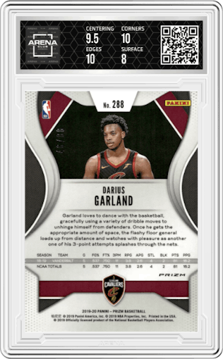 Darius Garland from the 2019-20 Panini Prizm set featuring a Choice Red parallel graded by Arena Club and given an overall grade of 8.5.