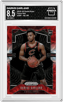 Darius Garland from the 2019-20 Panini Prizm set featuring a Choice Red parallel graded by Arena Club and given an overall grade of 8.5.