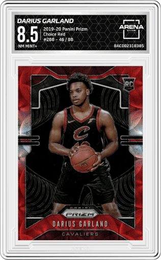 Darius Garland from the 2019-20 Panini Prizm set featuring a Choice Red parallel graded by Arena Club and given an overall grade of 8.5.