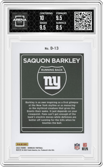 Saquon Barkley from the 2023 Panini Donruss set graded by Arena Club and given an overall grade of 9.