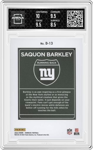 Saquon Barkley from the 2023 Panini Donruss set graded by Arena Club and given an overall grade of 9.