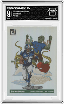 Saquon Barkley from the 2023 Panini Donruss set graded by Arena Club and given an overall grade of 9.