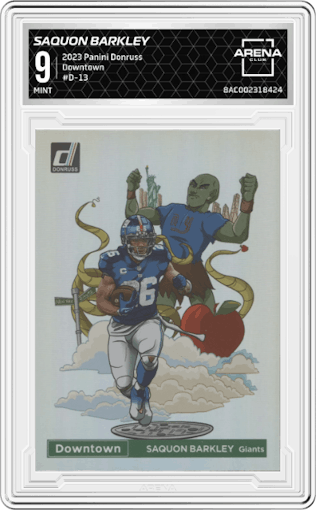 Saquon Barkley from the 2023 Panini Donruss set graded by Arena Club and given an overall grade of 9.