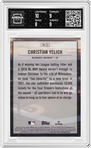 Christian Yelich from the 2022 Topps Series 2 set graded by Arena Club and given an overall grade of 8.5.