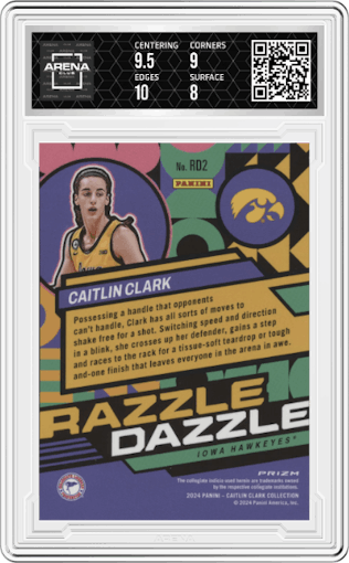 Caitlin Clark from the 2024 Panini Caitlin Clark Collection set graded by Arena Club and given an overall grade of 8.5.