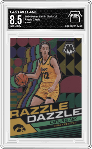 Caitlin Clark from the 2024 Panini Caitlin Clark Collection set graded by Arena Club and given an overall grade of 8.5.