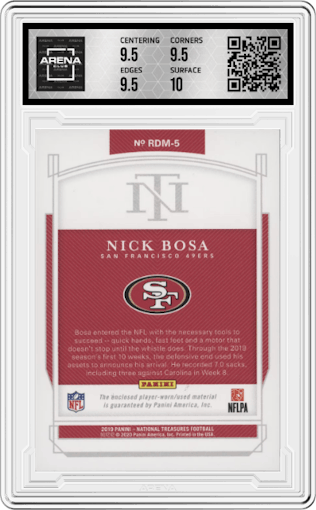 Nick Bosa from the 2019 Panini National Treasures set featuring a Red Jersey Number parallel graded by Arena Club and given an overall grade of 10.