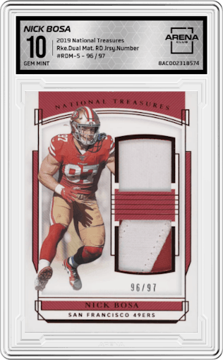 Nick Bosa from the 2019 Panini National Treasures set featuring a Red Jersey Number parallel graded by Arena Club and given an overall grade of 10.