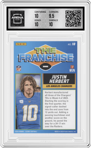 Justin Herbert from the 2024 Panini Score set featuring a Gold Zone parallel graded by Arena Club and given an overall grade of 10.