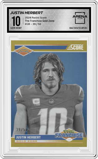 Justin Herbert from the 2024 Panini Score set featuring a Gold Zone parallel graded by Arena Club and given an overall grade of 10.