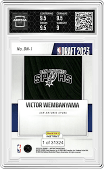 Victor Wembanyama from the 2023-24 Panini Instant NBA Draft Night set graded by Arena Club and given an overall grade of 9.5.