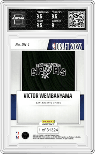 Victor Wembanyama from the 2023-24 Panini Instant NBA Draft Night set graded by Arena Club and given an overall grade of 9.5.