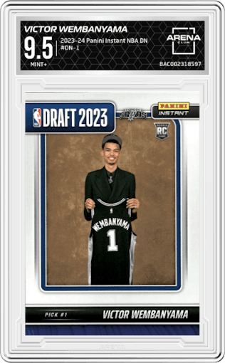 Victor Wembanyama from the 2023-24 Panini Instant NBA Draft Night set graded by Arena Club and given an overall grade of 9.5.