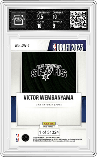 Victor Wembanyama from the 2023-24 Panini Instant NBA Draft Night set graded by Arena Club and given an overall grade of 9.5.
