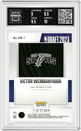 Victor Wembanyama from the 2023-24 Panini Instant NBA Draft Night set graded by Arena Club and given an overall grade of 9.5.