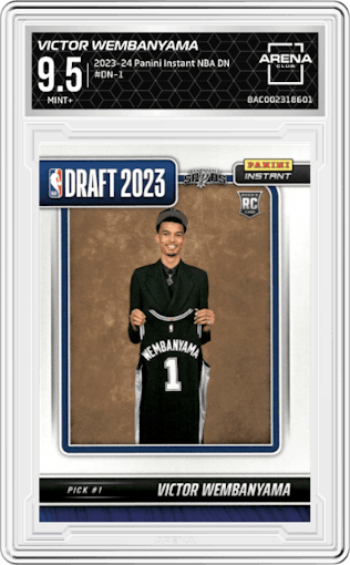 Victor Wembanyama from the 2023-24 Panini Instant NBA Draft Night set graded by Arena Club and given an overall grade of 9.5.