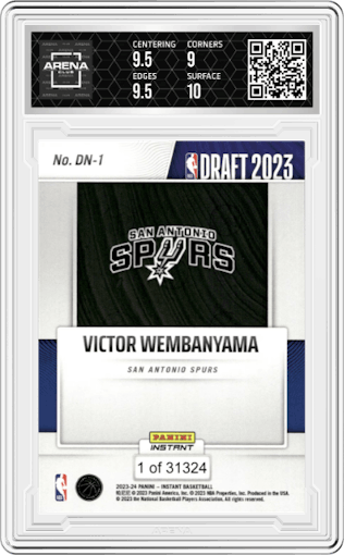 Victor Wembanyama from the 2023-24 Panini Instant NBA Draft Night set graded by Arena Club and given an overall grade of 9.5.