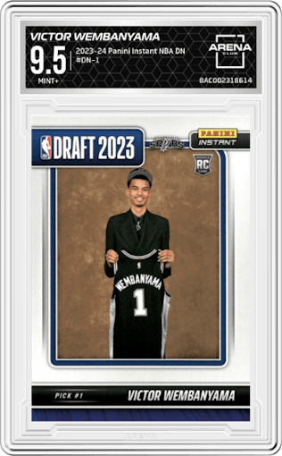 Victor Wembanyama from the 2023-24 Panini Instant NBA Draft Night set graded by Arena Club and given an overall grade of 9.5.