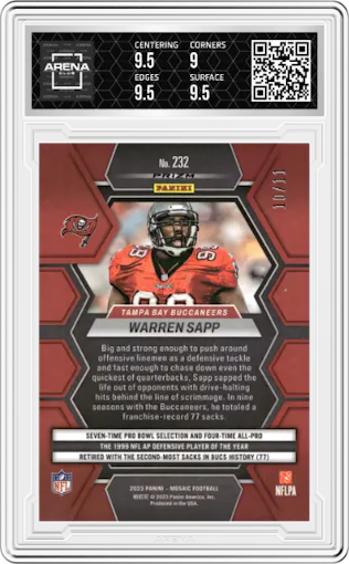 Warren Sapp from the 2023 Panini Mosaic set featuring a Green Swirl Mosaic parallel graded by Arena Club and given an overall grade of 9.5.