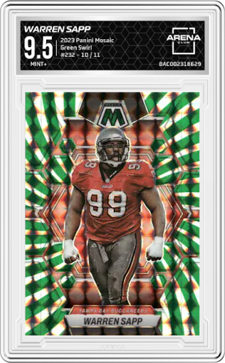 Warren Sapp from the 2023 Panini Mosaic set featuring a Green Swirl Mosaic parallel graded by Arena Club and given an overall grade of 9.5.