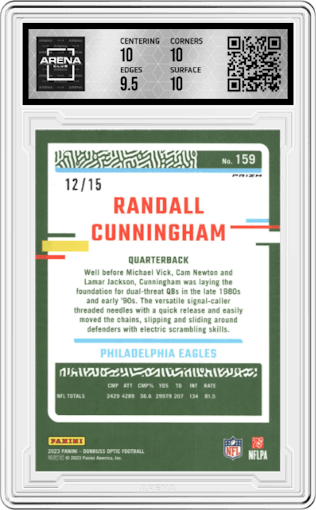 Randall Cunningham from the 2023 Donruss Optic set featuring a Purple Stars parallel graded by Arena Club and given an overall grade of 10.