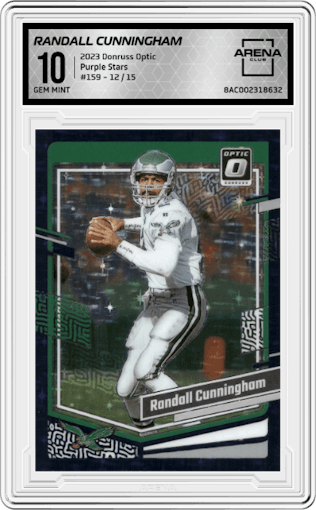 Randall Cunningham from the 2023 Donruss Optic set featuring a Purple Stars parallel graded by Arena Club and given an overall grade of 10.