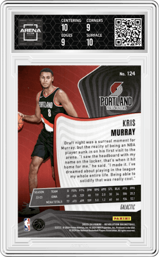 Kris Murray from the 2023-24 Panini Revolution set featuring a Galactic parallel graded by Arena Club and given an overall grade of 9.5.