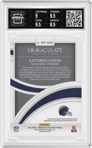 Antonio Gates from the 2022 Panini Immaculate Collection set graded by Arena Club and given an overall grade of 9.