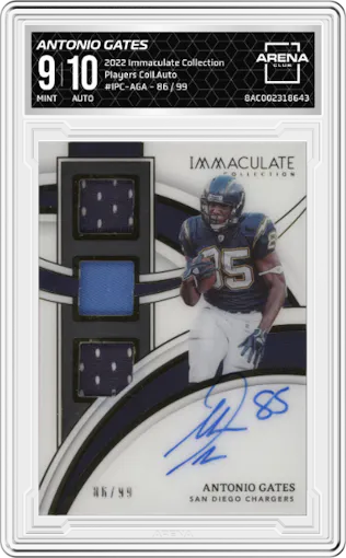 Antonio Gates from the 2022 Panini Immaculate Collection set graded by Arena Club and given an overall grade of 9.