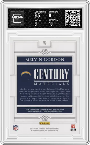 Melvin Gordon from the 2017 Panini National Treasures set featuring a Prime parallel graded by Arena Club and given an overall grade of 9.5.