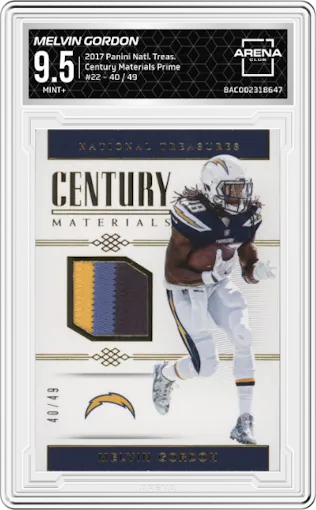 Melvin Gordon from the 2017 Panini National Treasures set featuring a Prime parallel graded by Arena Club and given an overall grade of 9.5.