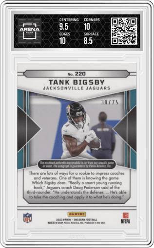 Tank Bigsby from the 2023 Panini Obsidian set featuring a Electric Etch Purple parallel graded by Arena Club and given an overall grade of 9.