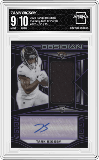 Tank Bigsby from the 2023 Panini Obsidian set featuring a Electric Etch Purple parallel graded by Arena Club and given an overall grade of 9.
