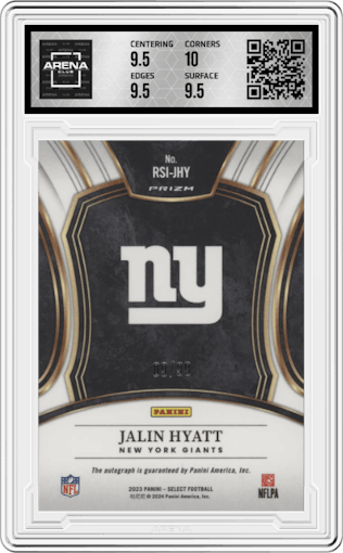 Jalin Hyatt from the 2023 Panini Select set featuring a Blue Prizm parallel graded by Arena Club and given an overall grade of 10.