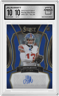 Jalin Hyatt from the 2023 Panini Select set featuring a Blue Prizm parallel graded by Arena Club and given an overall grade of 10.