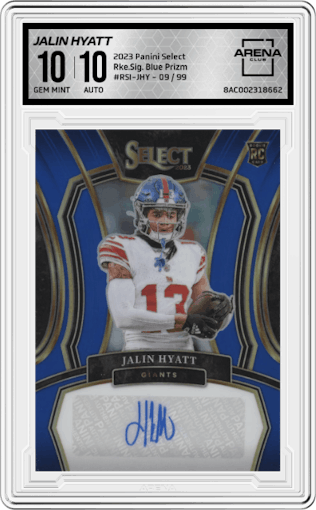 Jalin Hyatt from the 2023 Panini Select set featuring a Blue Prizm parallel graded by Arena Club and given an overall grade of 10.