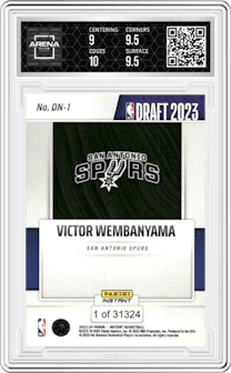 Victor Wembanyama from the 2023-24 Panini Instant NBA Draft Night set graded by Arena Club and given an overall grade of 9.5.