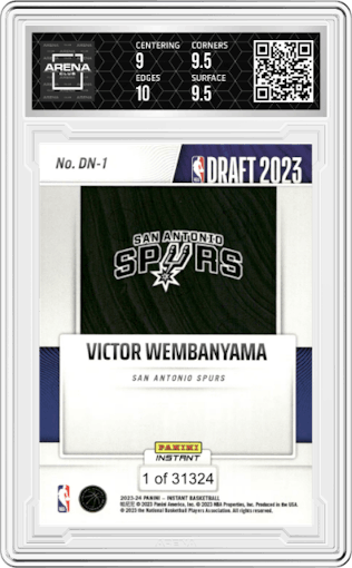 Victor Wembanyama from the 2023-24 Panini Instant NBA Draft Night set graded by Arena Club and given an overall grade of 9.5.