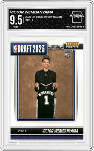 Victor Wembanyama from the 2023-24 Panini Instant NBA Draft Night set graded by Arena Club and given an overall grade of 9.5.