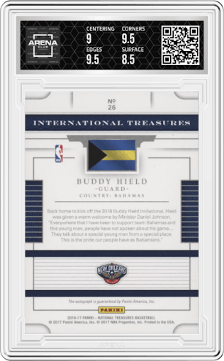 Buddy Hield from the 2016-17 Panini National Treasures Basketball set featuring a Bronze parallel graded by Arena Club and given an overall grade of 9.