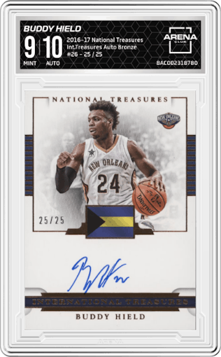 Buddy Hield from the 2016-17 Panini National Treasures Basketball set featuring a Bronze parallel graded by Arena Club and given an overall grade of 9.