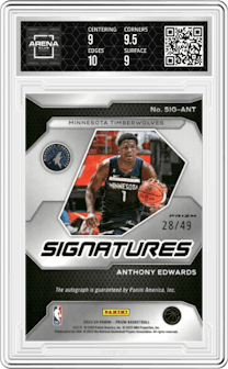 Anthony Edwards from the 2023-24 Panini Prizm set featuring a Choice Prizm parallel graded by Arena Club and given an overall grade of 9.5.
