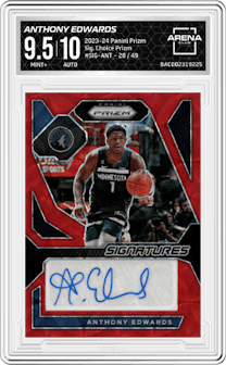 Anthony Edwards from the 2023-24 Panini Prizm set featuring a Choice Prizm parallel graded by Arena Club and given an overall grade of 9.5.