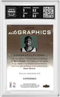 Kevin Durant from the 2007-08 Fleer Hot Prospects set graded by Arena Club and given an overall grade of 8.5.